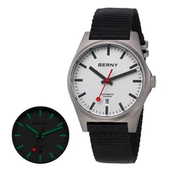 BERNY Orologio meccanico in titanio da uomo Orologio automatico classico casual leggero da ferrovia Orologio da polso luminoso con zaffiro 10ATM