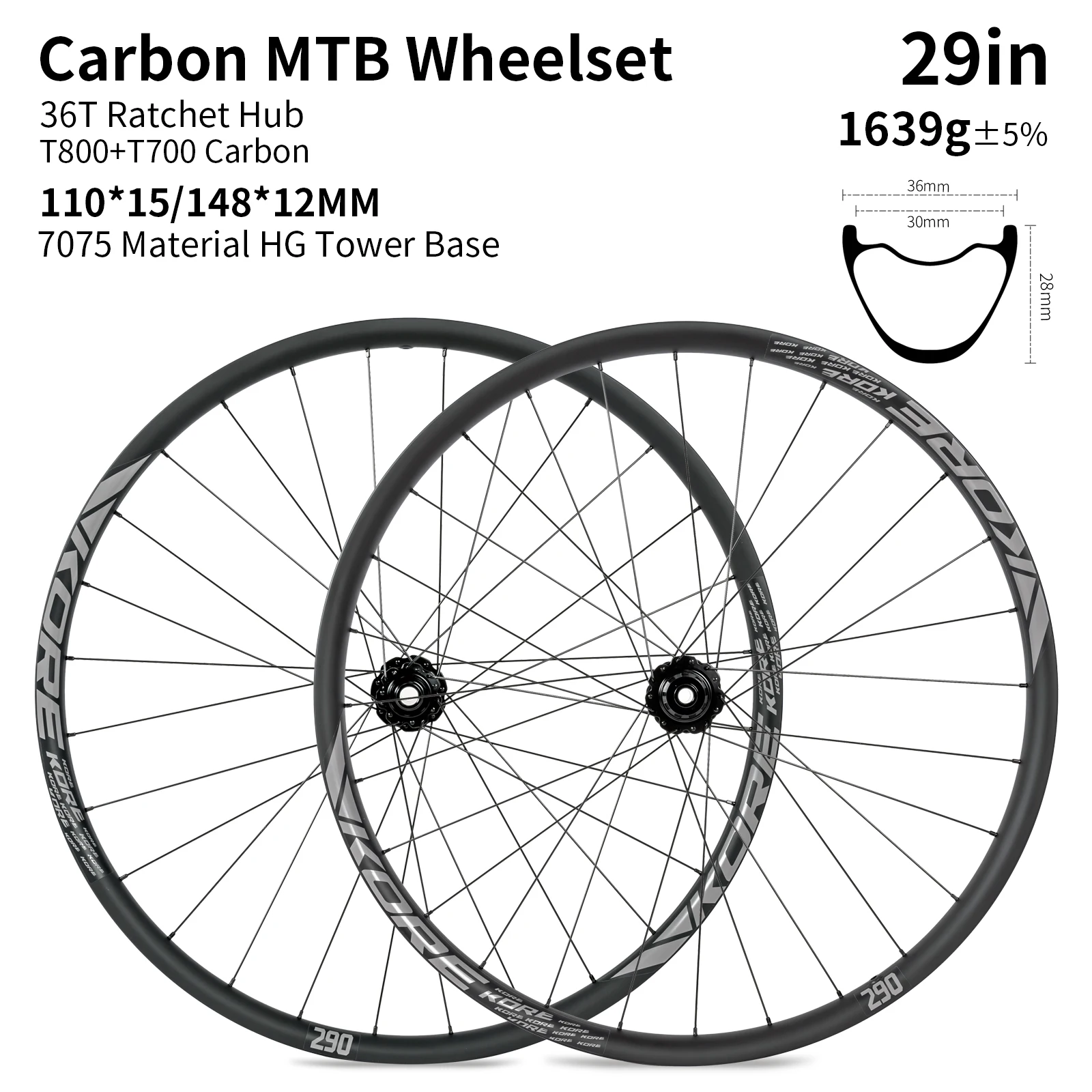 AliExpress NONE KORE 29 Inch MTB Carbon Wheelset 28H 30/36mm Boost 36T Ratchet HG/XD/MS Hub Tubeless Tire Enduro/Downhill/XC/Trail Wheels