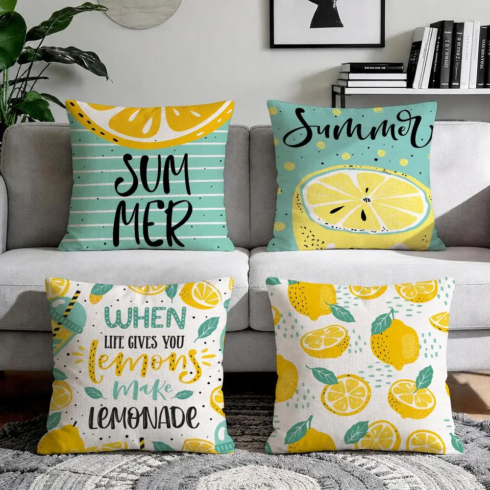 Refreshing Summer Lemon Cushion Cover Natural Breathable Durable Linen Printed Decor Pillow Case Sofa Bedroom
