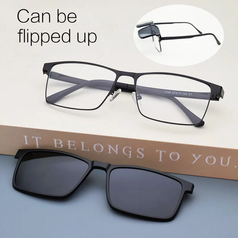 Full Frame Men's Eyeglasses Night Vision Glasses Magnet Flip Up Clip On Sunglasses Myopia Radiation Polarized UV Protection 57