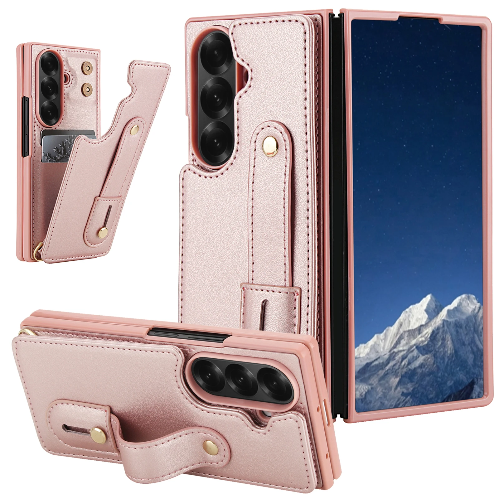 Für Samsung Galaxy Z Fold 8 Ultra Z Fold 7 PU-Leder-Handyhülle mit Armbandhalter, stoßfester Schultergurt, Rückseitenabdeckung