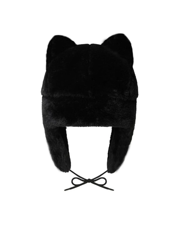 Autumn Winter Ushanka Black Color Hot Hat Women Cute Plush Hats Daijin Cat and Sadaijin Cats Female Rabbit Ear Protection Hats