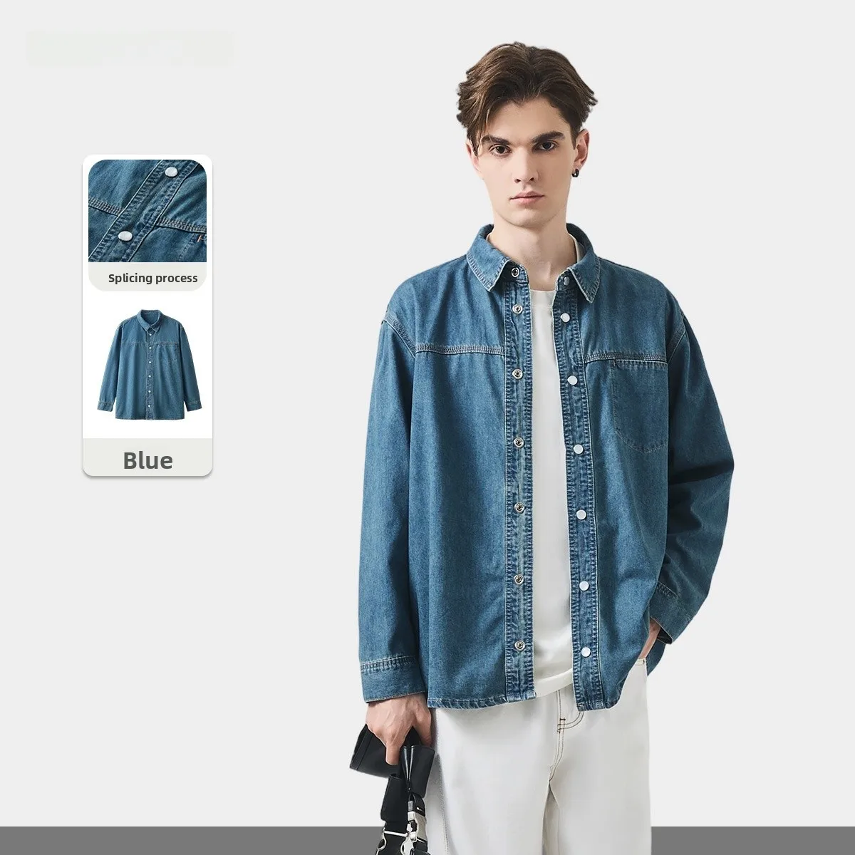 

Waed Denim Long Sve Men's irt Loose Fit Casual Sle Spring Faionable Top Streetwear Flip Collar Open Cardigan