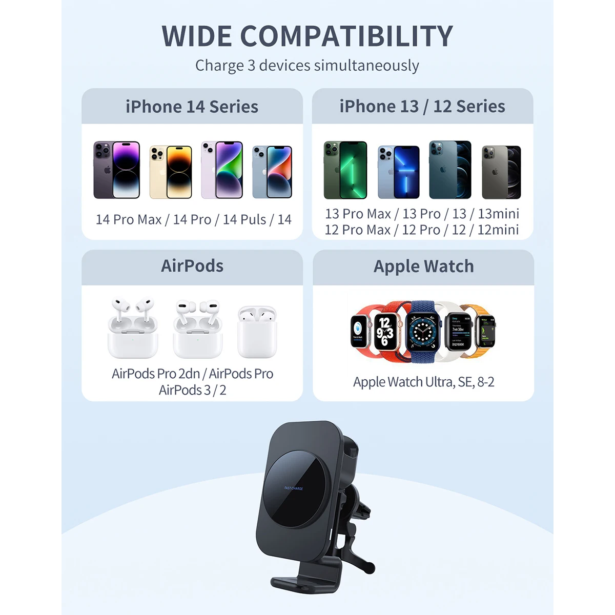 Supporto per telefono magnetico 3 in 1 per auto, ricarica wireless, per iPhone Airpods Apple Watch con braccio lungo flessibile resistente per presa d'aria