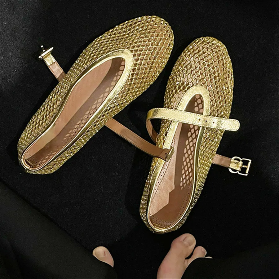 2024 New Gold Women Flats Ballet Dance Shoes Hollow Out Mesh Walking Loafers Ladies Mary Janes Strap Espadrilles Summer Sandals