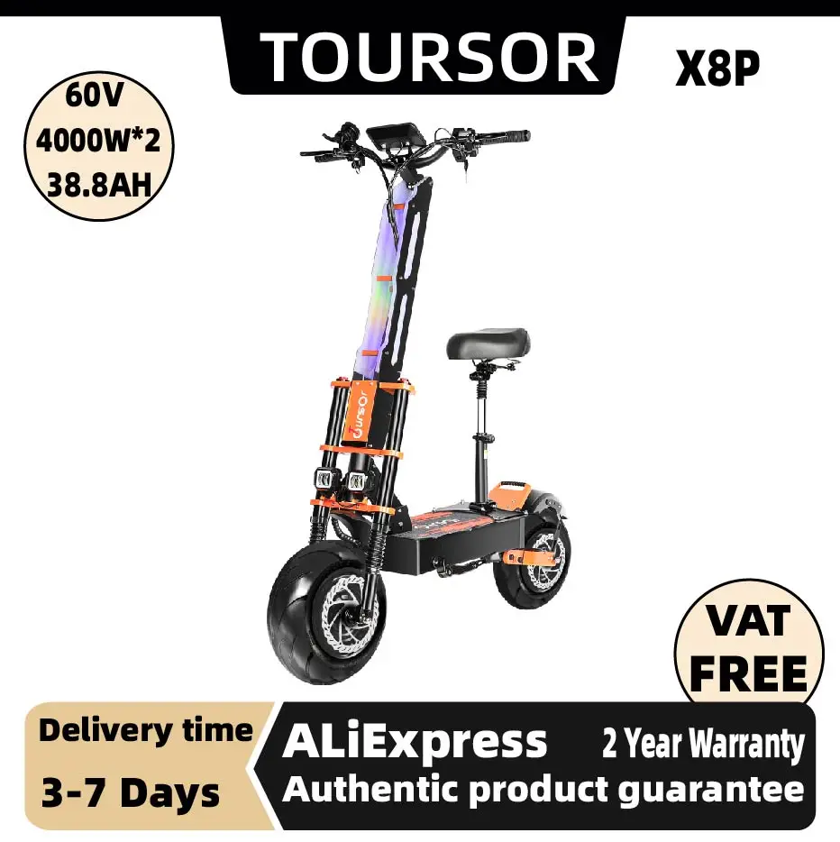 

TOURSOR X8 PRO 4000W*2 Dual Motor Electric Scooter For Adults 60V38.8Ah Battery E-Scooter 13Inch road Tire Foldable EScooter