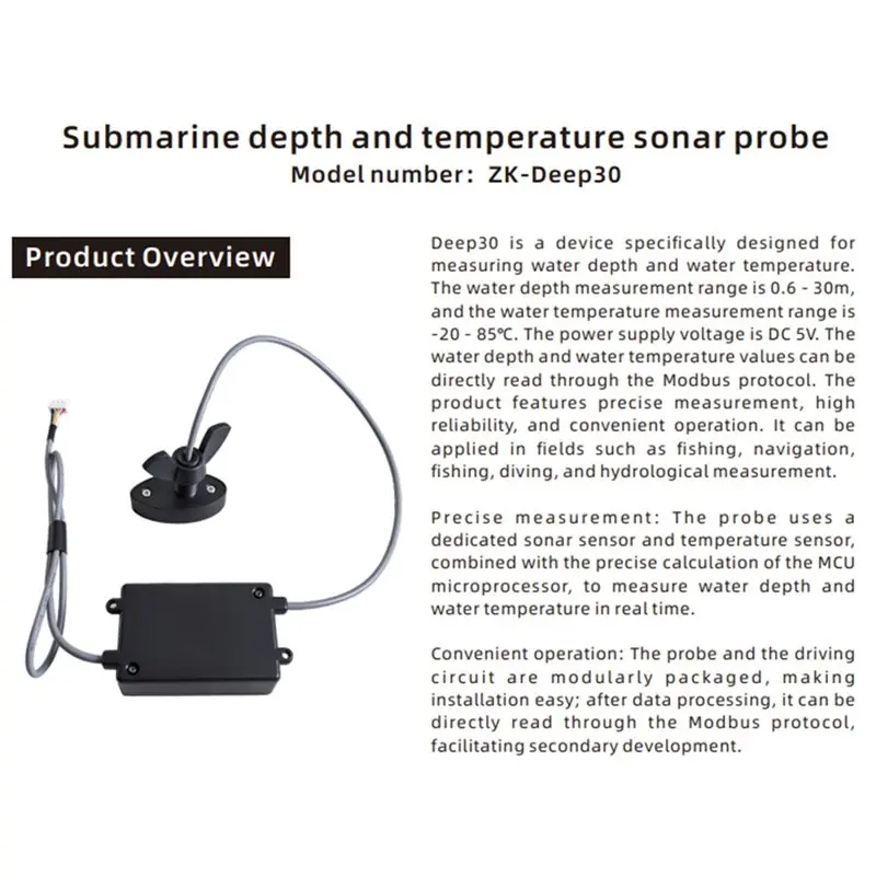Y49A-Deep30 For Bait Boat Fishing RC Boat Compatible Sonar Transducer Water Depth Temperature Sensor 0.6-30 Meter Measurement
