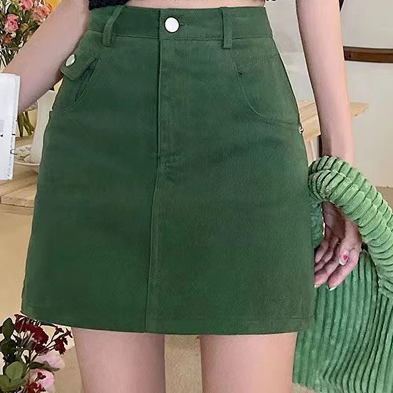 Ins Women Beauty High Waist Denim Skirts Girls Korean Style Purity Sweet Jeans Female Oversized Green A Line Hip Wrapped Drees