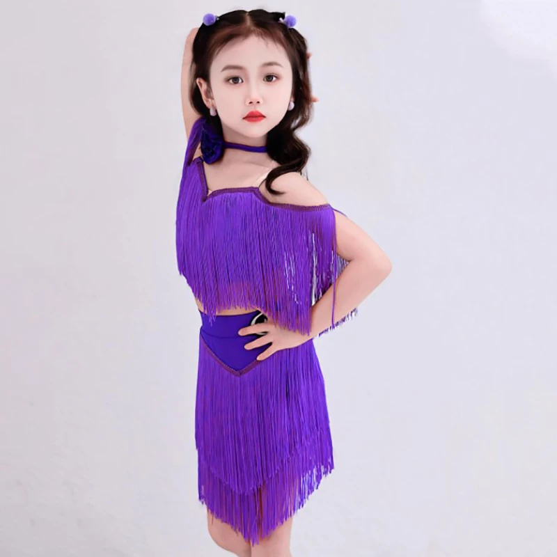 Spaghetti sangle danse latine enfants filles danse professionnelle pratique Performance gland haut et jupe costumes compétition Dancewear