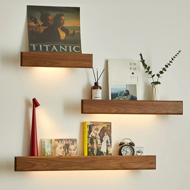 

Solid Wood Wall Storage Shelf Floating Magazine Organizer for Living Room Bedroom Storage Display with LED Light Storage Decor