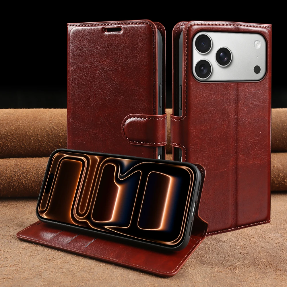 

Premium Crazy Horse Leather Flip Case For iphone 17 Pro Max 17e 16e 16 15 14 13 mini 12 Air Phone Wallet Case Cover Coque Funda