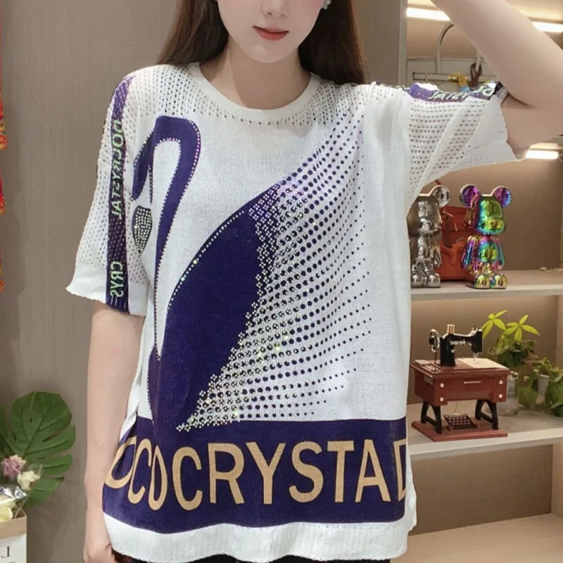 2024 Summer New Women's Pullovers Crew Neck Printed Swan Diamonds Letter All-match Elegant Loose Half Sleeve Tops T-shirt