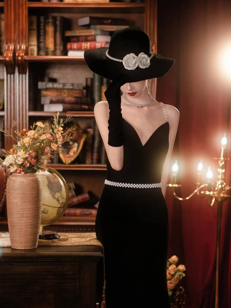 

Черное вечернее платье в стиле Хепберн, ретро, модное, для студийной фотосъемки, для личного использования, элегантное, новая модель 2026 года