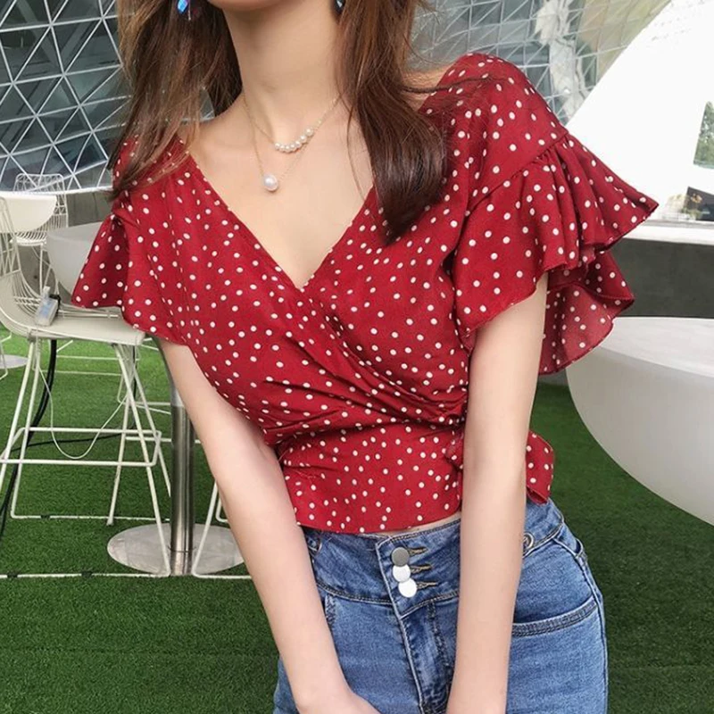 Rimocy Polka Dot Sexy Deep V Neck Shirts Women 2024 Summer Ruffles Sleeveless Crop Tops Woman Slim Fit Chiffon Blouse Female