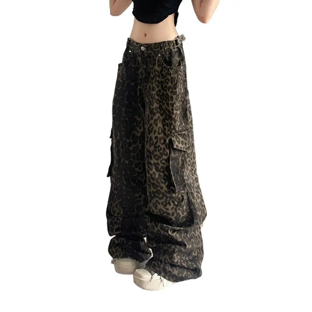 Unisex Jeans 2025 Autumn Retro Leopard Print Cargo Pants Women's Niche Design High Waist Wide Leg Loose Casual Trousers
