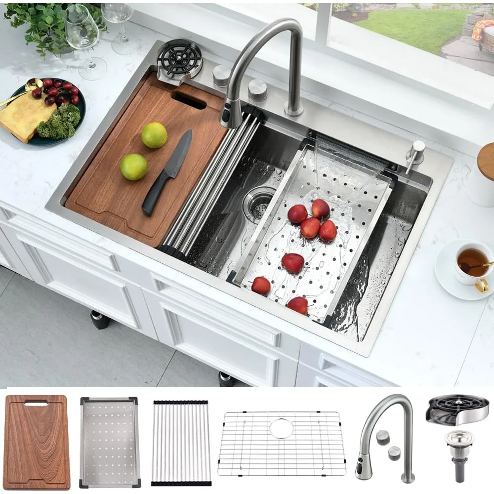 

33 inch waterfall drop in kitchen sink with fuacet combo- 33x22 waterfall kitchen sink with cup washer stainess steel top mount
