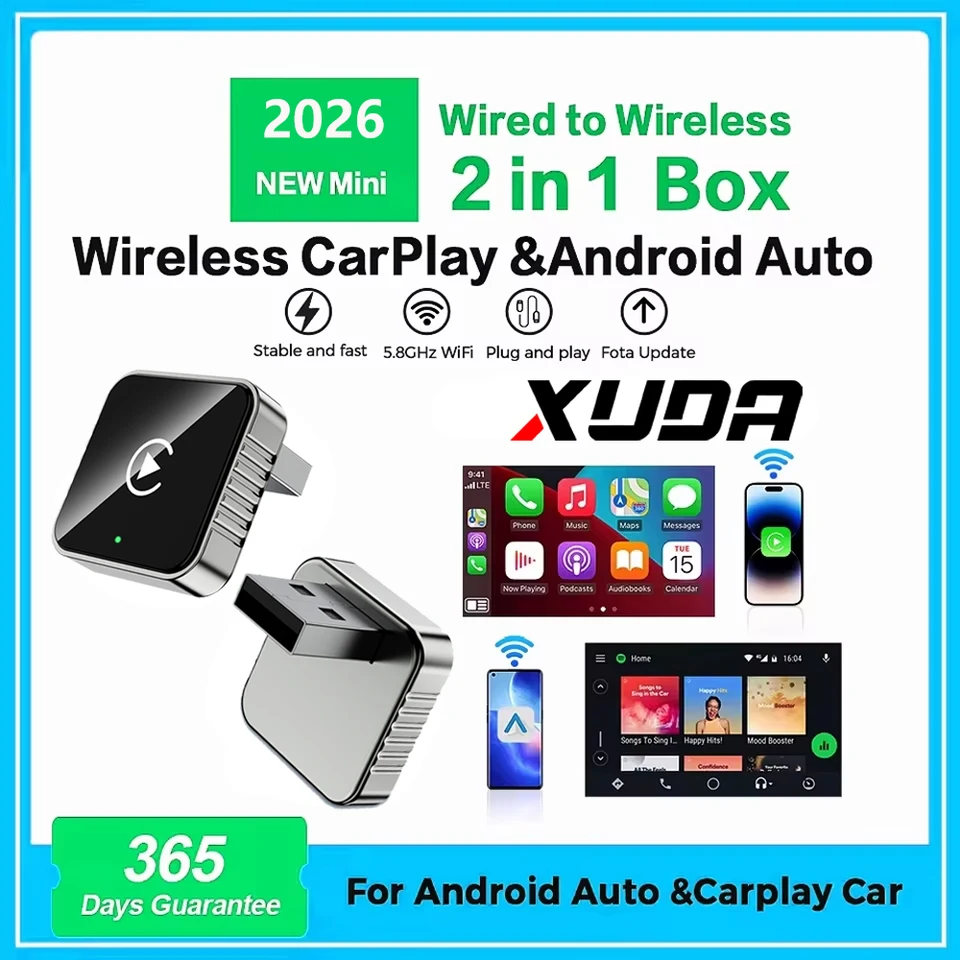 XUDA 2026 최신 무선 CarPlay 어댑터 USB CarPlay & 안드로이드 오토, 타입-C 포트, 유선에서 무선으로 변환, 플러그 앤 플레이, 자동 연결
