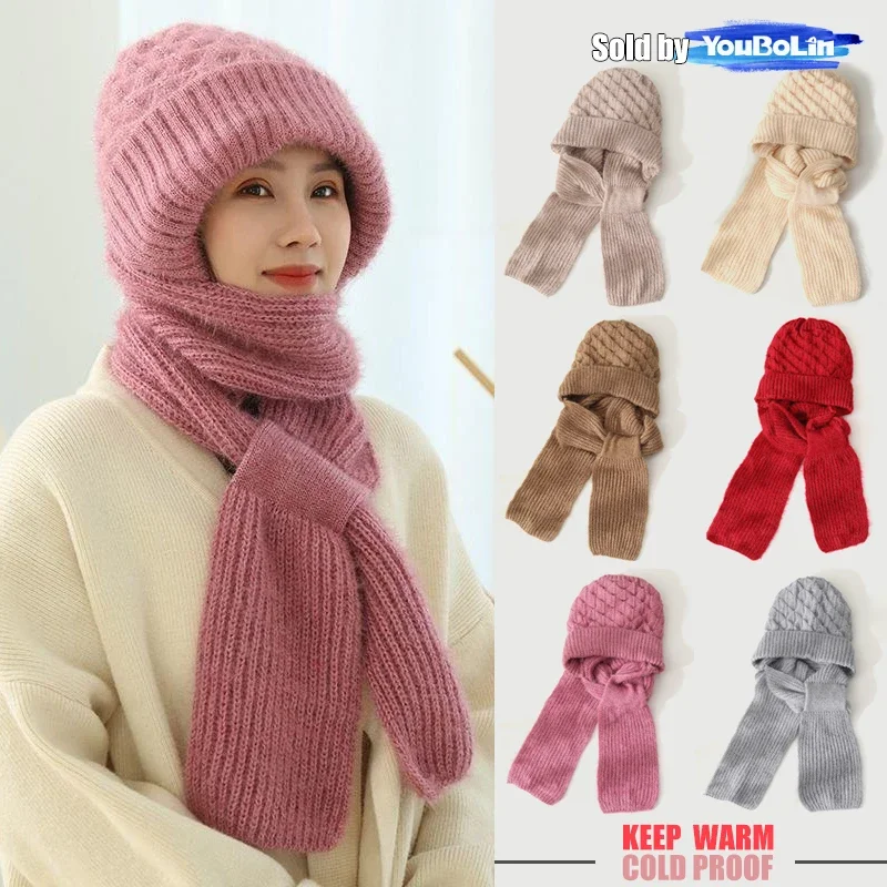 Loop-Through Design; Fleece-Lined and Thickened; Integrated Hat and Scarf.Double-Layer Thermal Knitted Balaclava For Winter.