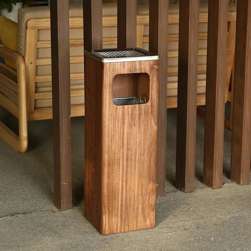 

Solid Wood Trash Can with Ashtray Creative Courtyard Large Capacity Storage Simple Design Recycle Bin Outdoors Office Trash