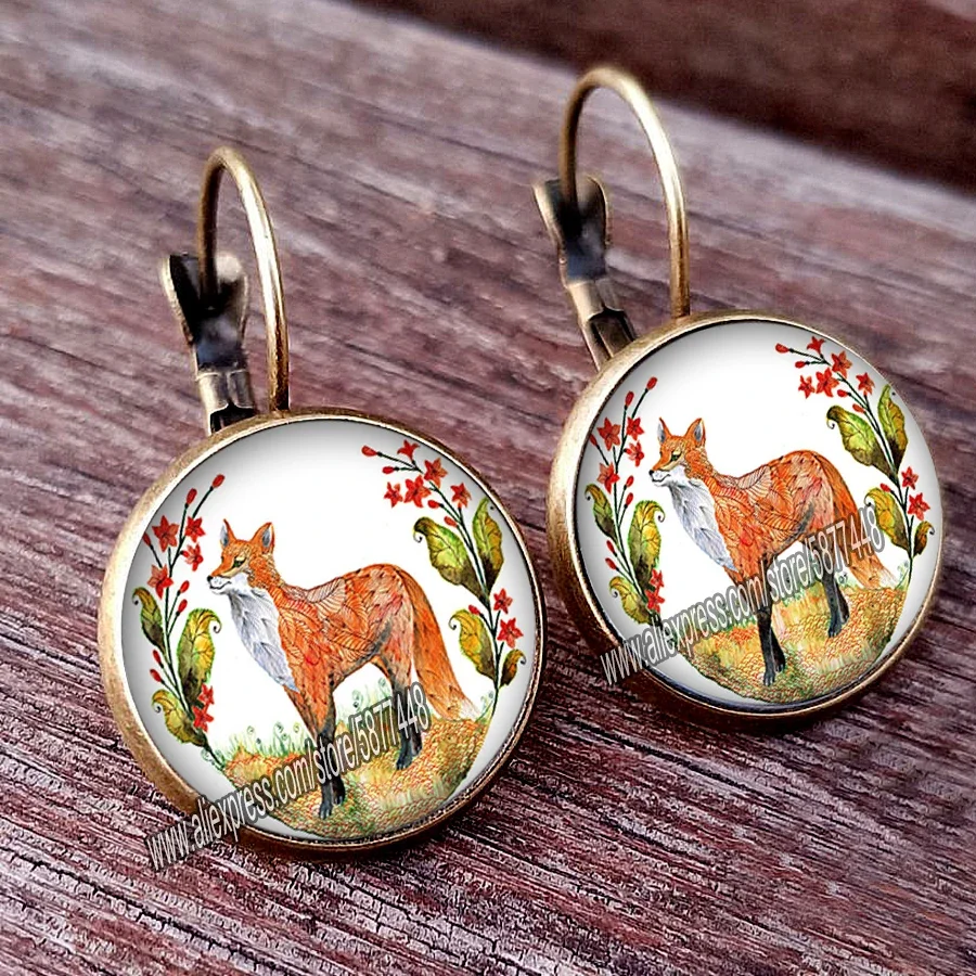 Cute Fox and Flower Women Pattern Glass Cabochon Stud Earring Lovely Animal Earring for Woman and Girl