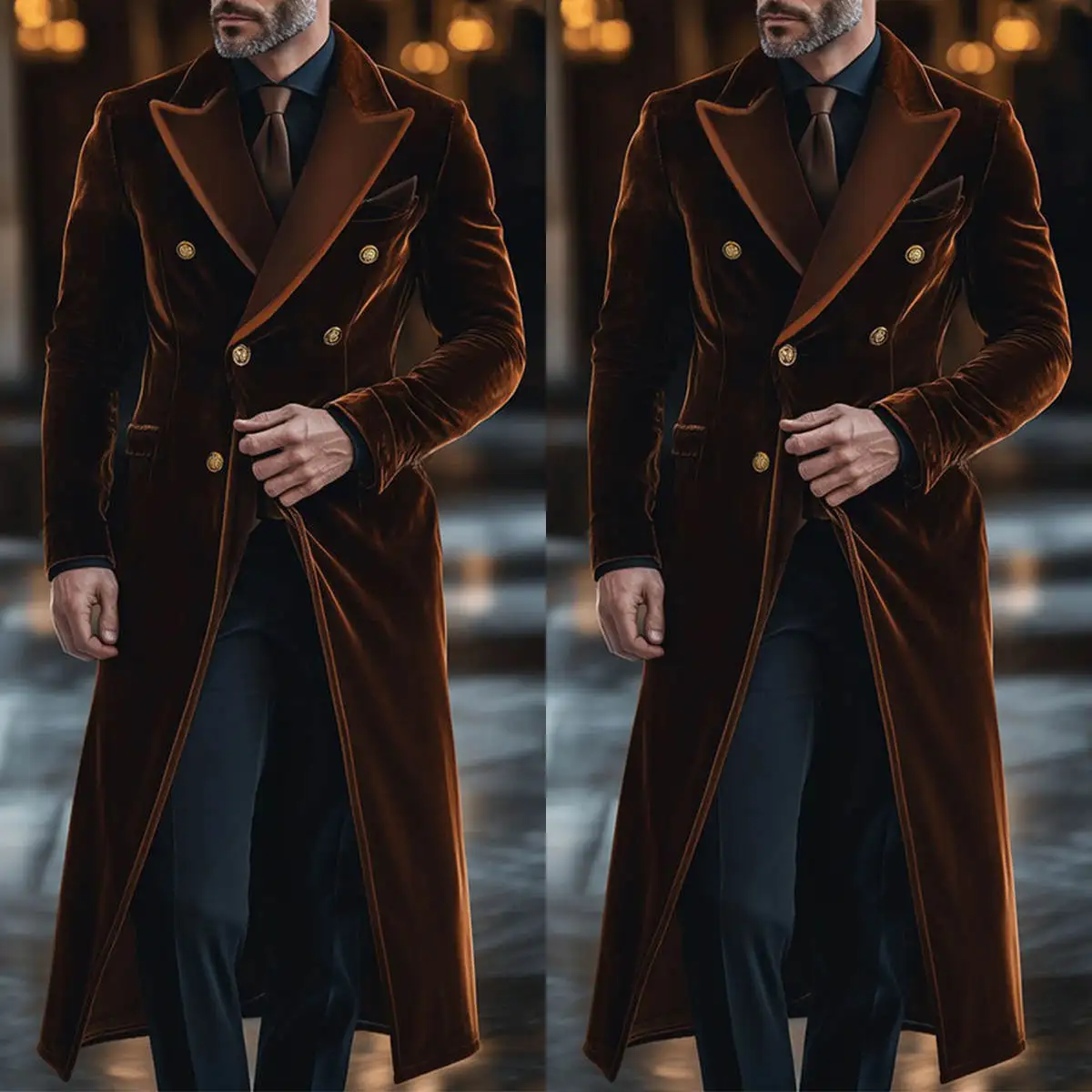 Brown Velvet Men Long Coat Peaked Lapel Windproof Waistcoat One Piece Customized Formal Groom Winter Wear