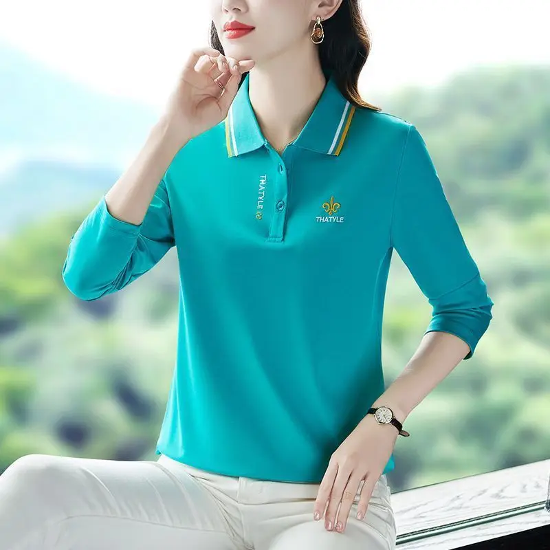 

Spring and Autumn Polo Lapel Fashion Long-sleeved T Shirt Women Middle-aged Casual Tops Woman Clothes Ropa De Mujer