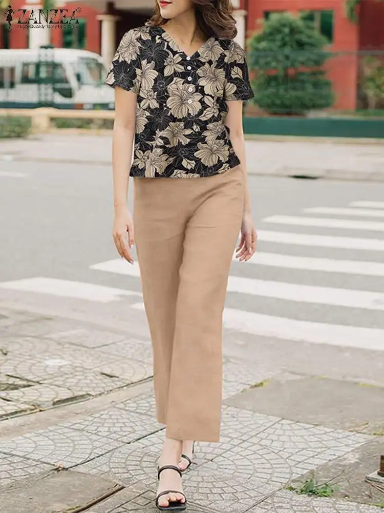 2024 ZANZEA Summer Women Pant Sets 2PCS Short Sleeve Floral Blouse Trousers Suits Elegant Work Tracksuits Casual  Matching Sets