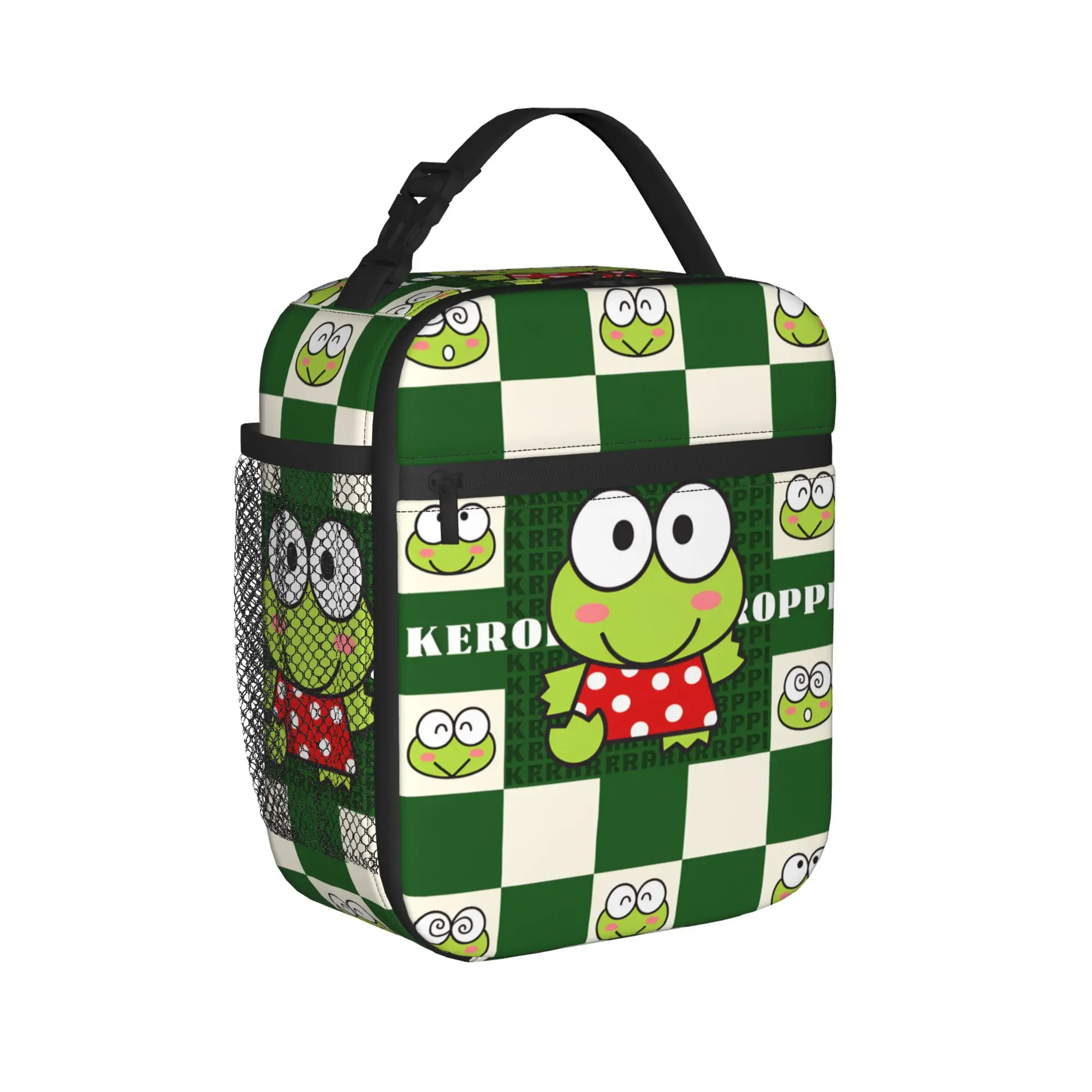 Keroppi Kerokero grüne Lunchtasche mit Cartoon-Charakter-Motiv für Unisex, bedruckt, für Picknick im Freien, modische tragbare Oxford-Kühltasche – Detail 2