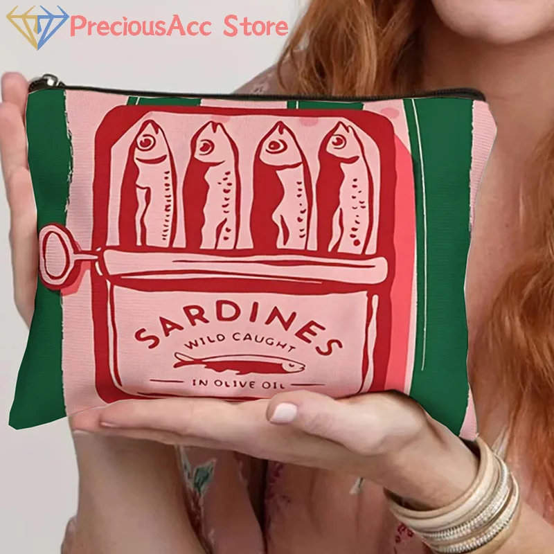 Large Capacity Makeup Bag Vintage Canvas Cosmetic Bag Simple Female Travel Clutch Toiletry Bag Retro Sardines Olive Oil Design