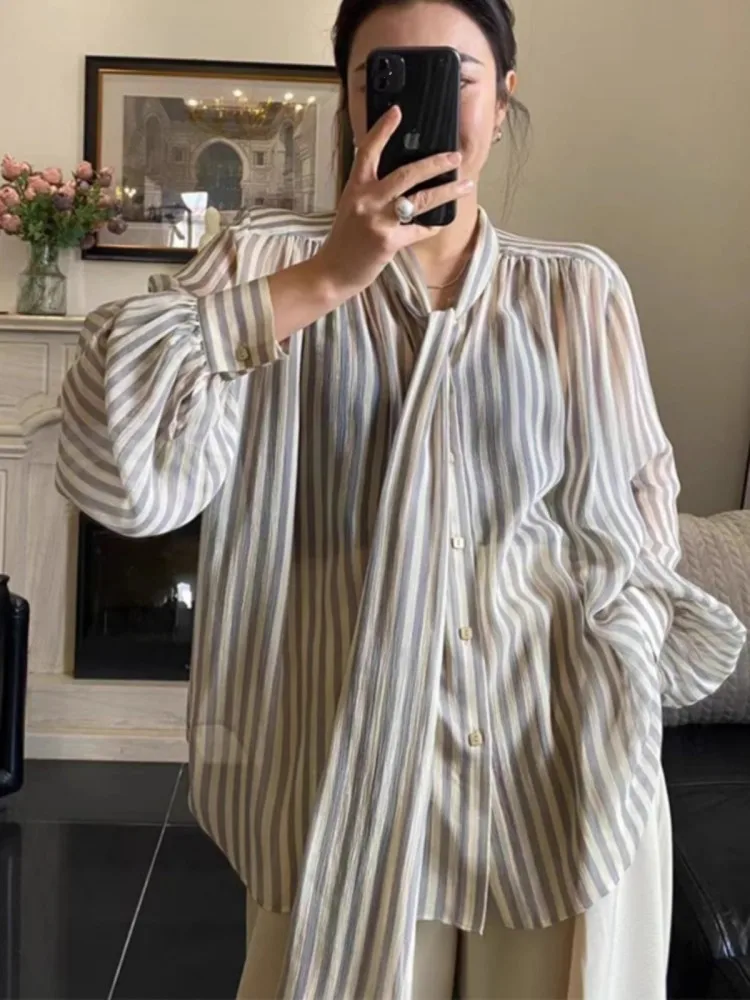 Retro Striped Ribbon Collar Long Sleeved Shirt For Women In Autumn Elegant Intellectual Thin Loose And Slimming Top