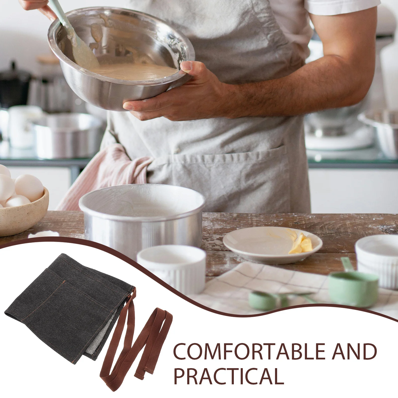 مريلة خصر من الدنيم، مريلة نادلة سوداء قصيرة، ربطة عنق قابلة للتعديل، ملابس عمل للمطاعم، 3 جيوب للبالغين #2