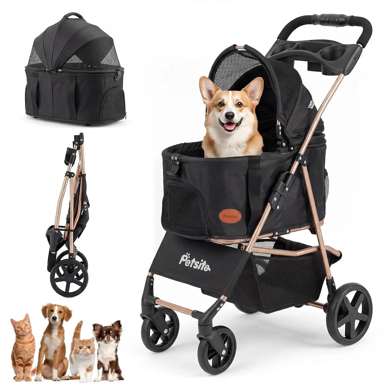 3-in-1 Foldable Pet Stroller for Small and Medium Dogs, Dog Stroller with Detachable Carrier, One-Click Folding, Cup Holder, Storage Basket, Safety Leash, One-Step Rear Brake, Breathable Window, Black