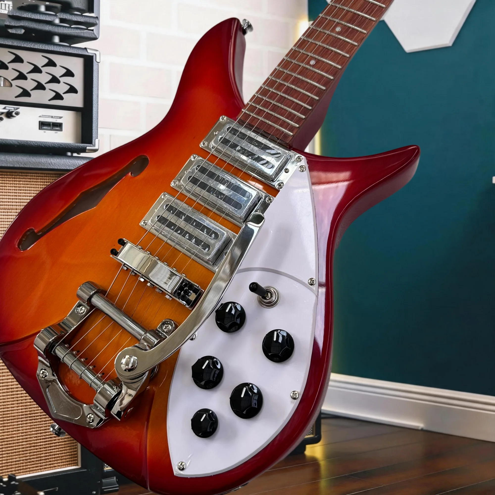 Lennon Style Unique Semi-Hollow Electric Guitar, 3 Pickups Semi-Hollow  Fireglo Sunburst British Retro Guitar