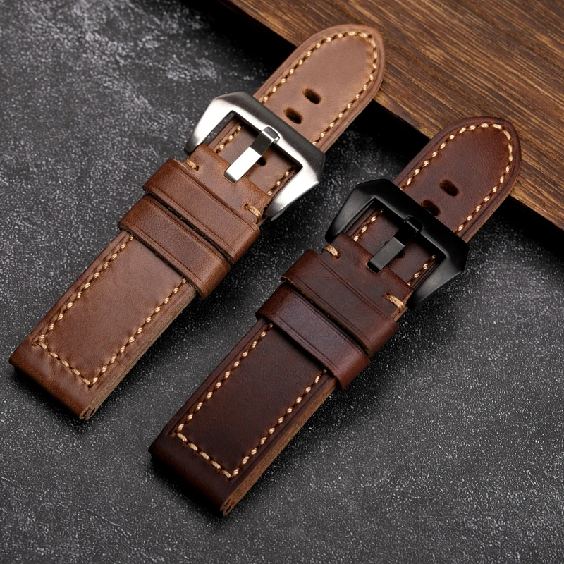 Handmade Holvin Cowhide Strap 20MM 22MM 24MM 26MM Foldable Brown Rough Wind Thick Genuine Leather Bracelet