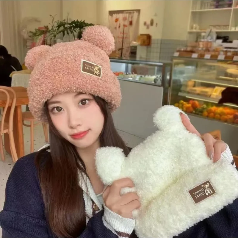 Fashionable Fall and Winter Women\'s Knitted Cap Plush Warm Cute Bear Thickened Knitted Cap Show Face Small Winter Warm Gifts