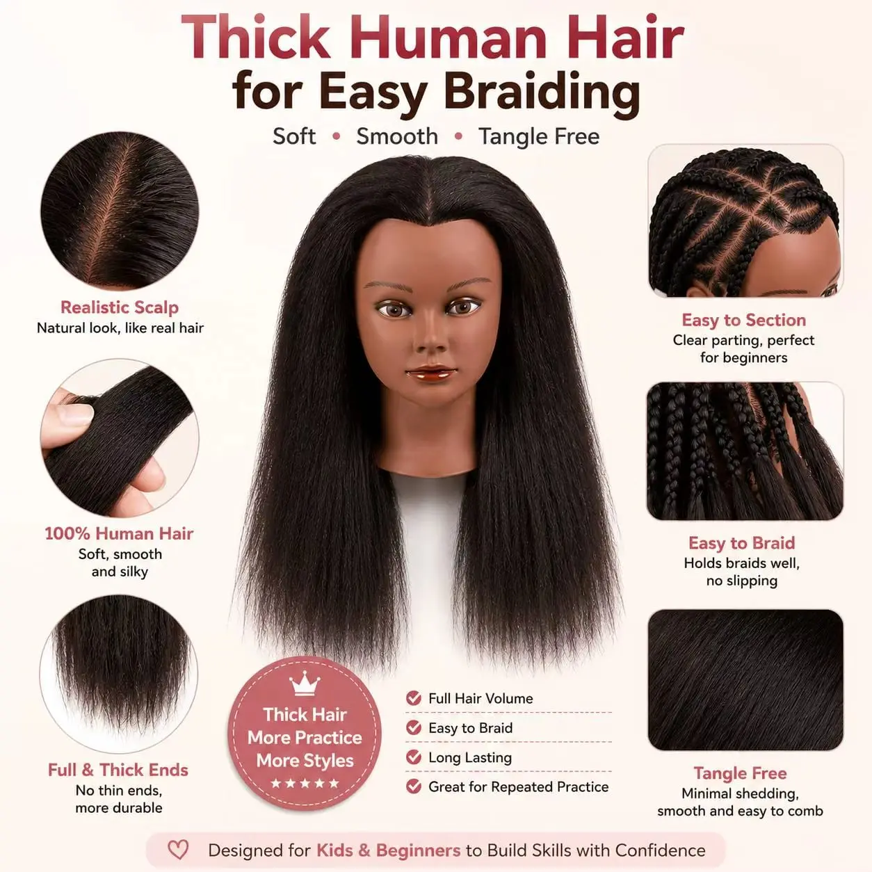 16 Inch 100% Real Hair Mannequin Head Training Head Manikin Cosmetology Doll Head for Hairdresser Practice Braiding Hair Styling with Clamp stand