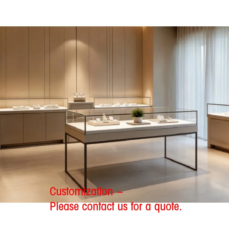 custom.Minimalist Light Gray Jewelry Display Counter Set, Full-Glass Showcase with LED Lighting Modern Luxury Jewelry Boutiq
