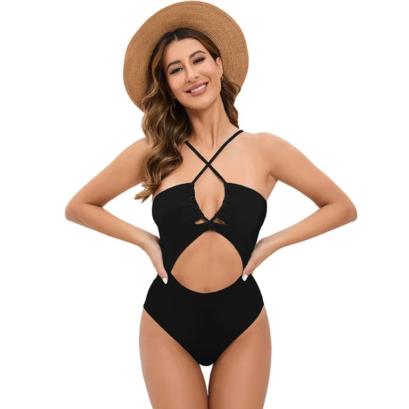 Sexy Halter Swimsuit with Exposed Back and High Waist Print, Multi-color Cross-strap One-piece High Elastic Swimsuit for Women