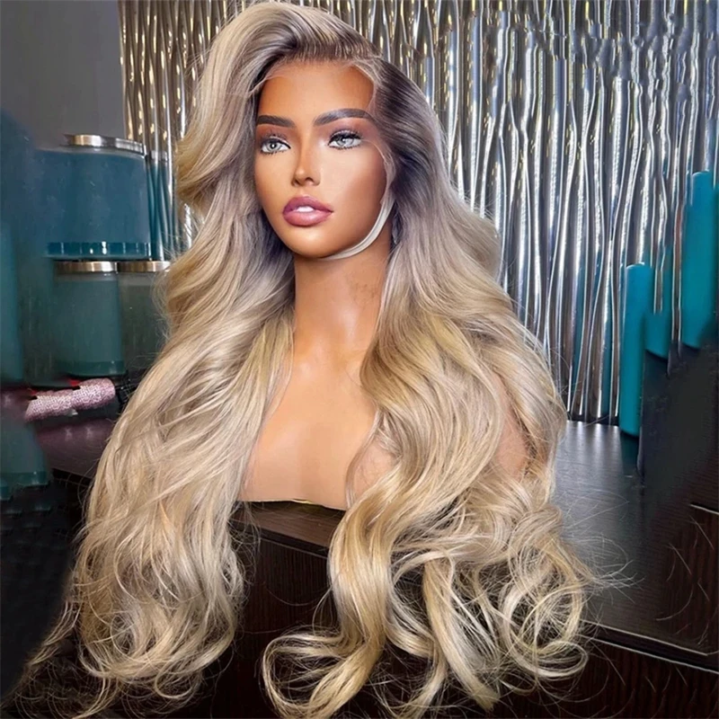 22 Inch Part Lace Wig Ombre Ash Blonde Human Hair Wig 13x4 HD Lace Frontal  Wig Platinum Body Wave Brazilian Remy Hair Lace Wig