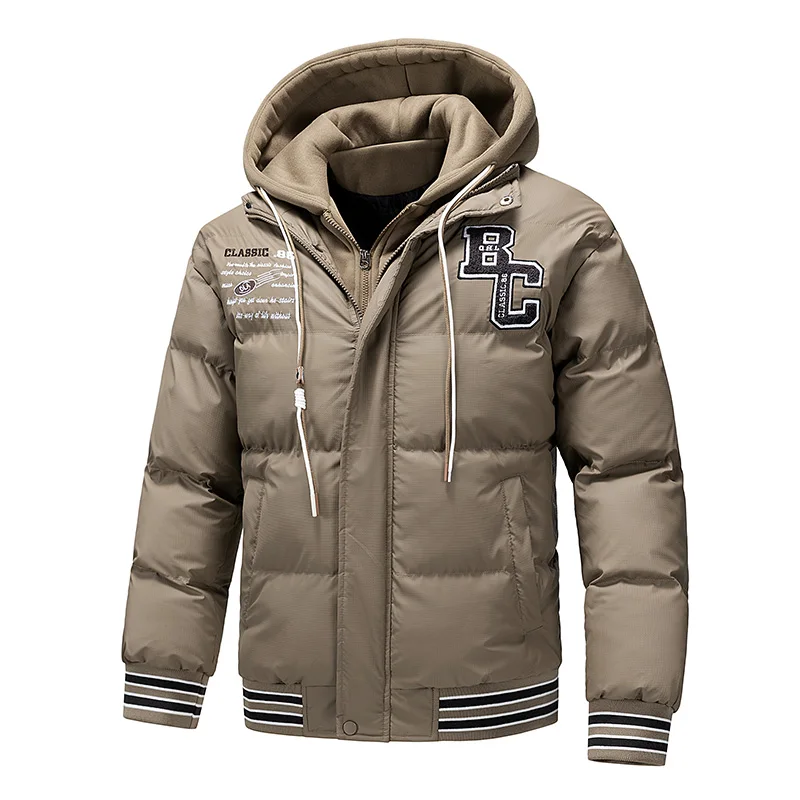 Fake Two-piece Padded Jackets Men Outdoor Windproof Thicken Baseball Jackets Fashion Hooded Parkas Winter Warm Streetwear Coats