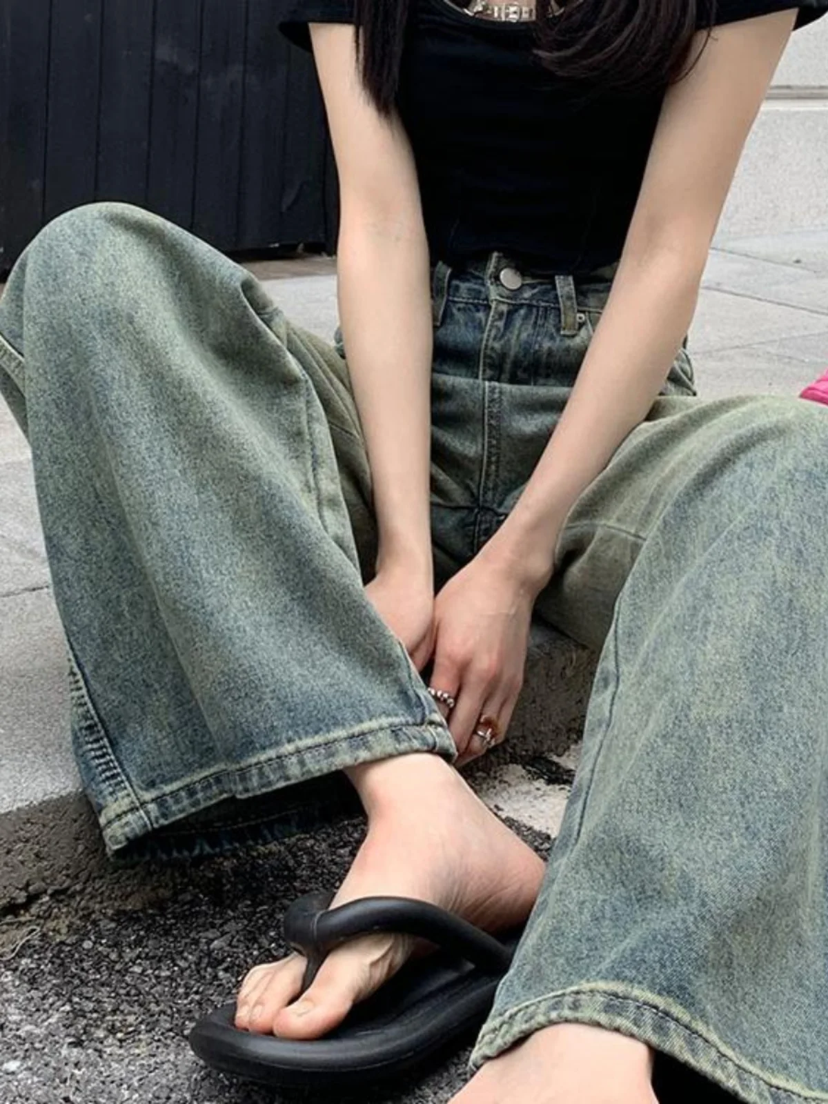 

Boyfriend Jeans For Womens Stacked Ruffle Pleated Draped Split Slit Asymmetric Detail Side Female Denim Fashion Unique Stylish