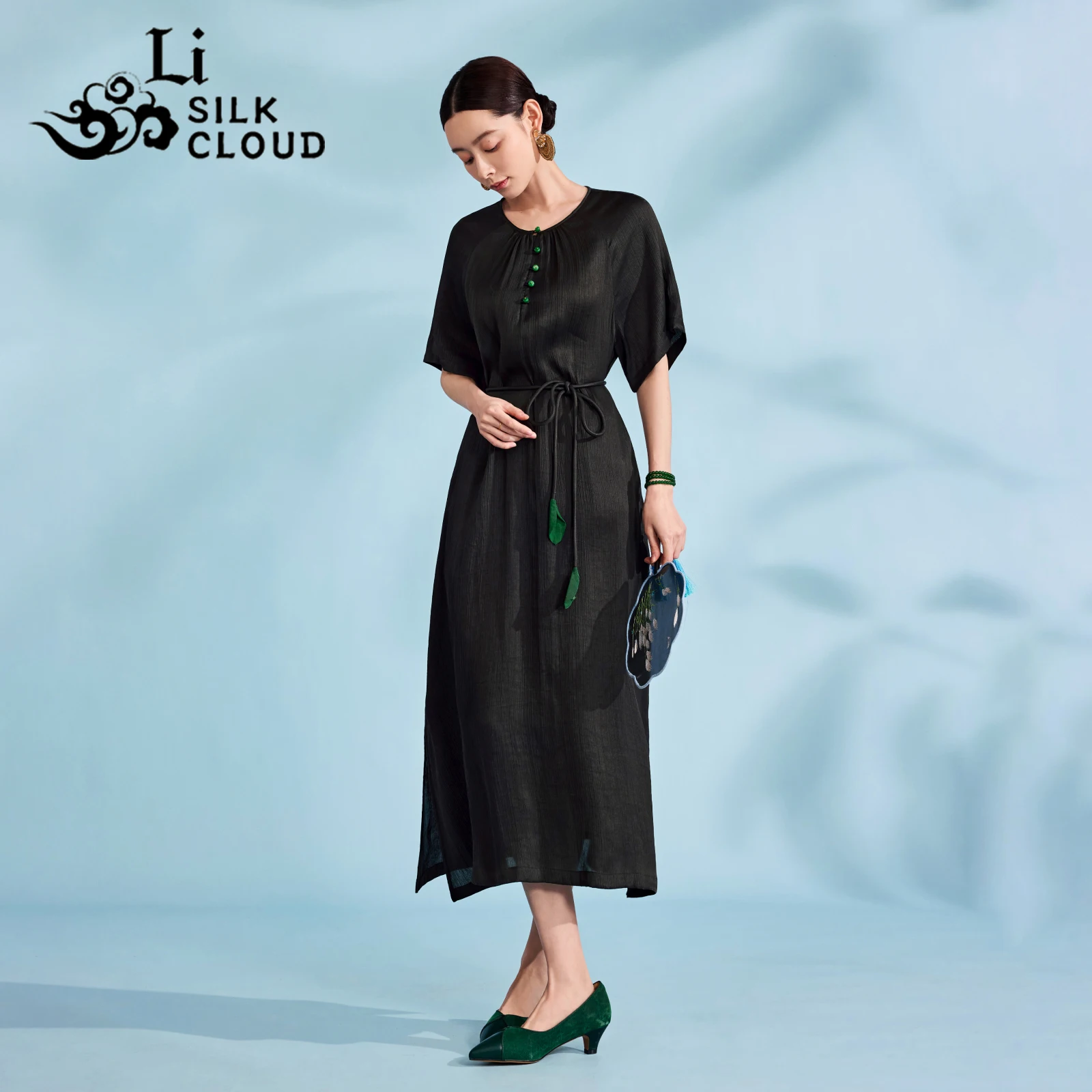 LI SILK CLOUD プレミアムシルク香雲紗秋ワンピース - オリエンタルな中国の魅力、100%桑絹＆繊細な柔らかさ