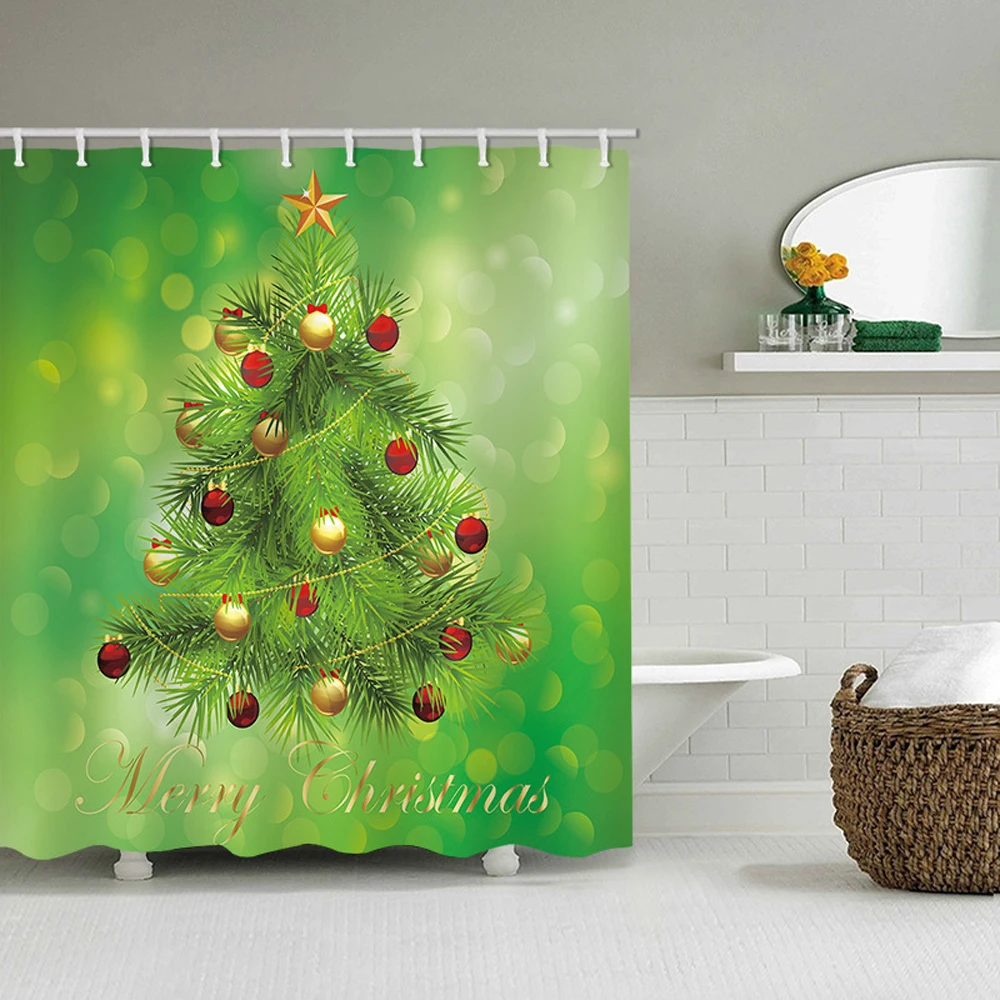 

Candy Canes Christmas Shower Curtain Xmas Stars White Hanging Balls Pine Tree Branch Happy New Year Bathroom Decor Bath Curtains