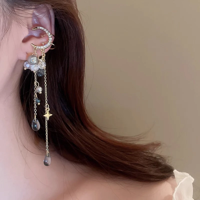 

Лунные зажимы для ушей для женщин, длинные зажимы для ушей с кисточками для женщин и девочек, винтажные украшения, модные аксессуары, кулон, подарок на вечеринку