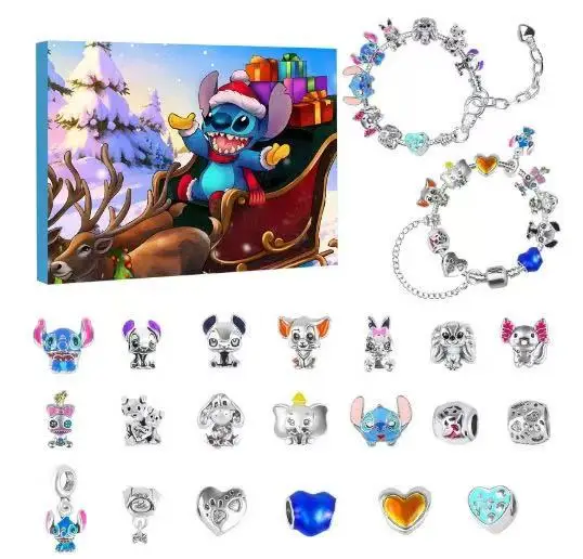 EN STOCK Stitch 2025 Calendario de Adviento de Navidad pulseras DIY fabricación de joyas calendario de cuenta regresiva de 24 días caja ciega de moda regalos Juguetes