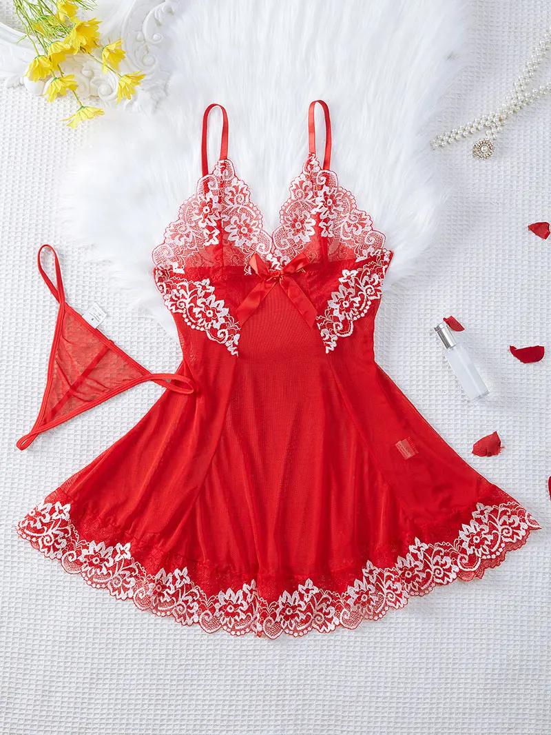 Sexy Nightdress Women Nightwear Lace Night Dress Casual Deep V Lingerie Spaghetti Strap Sleepwear Summer Pajamas G-string Set