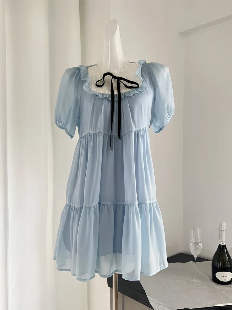 New Design Elegant Blue One-Piece Frocks Sleeveless Women Ruffled A-Line Dress Puff Sleeve Office Lady Birthday Dress Banquet