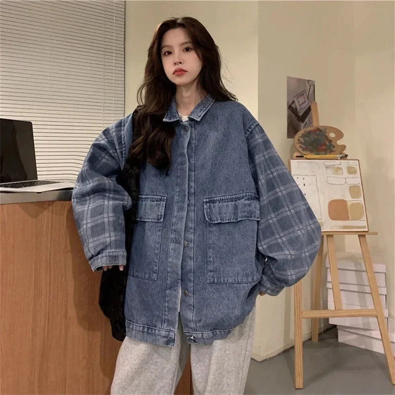 2023 Winter Lamb Wool Denim Coat Women\'s Mid length Korean Version Loose Fashion Commuter Show Thin Thickened Warm Cotton Coat