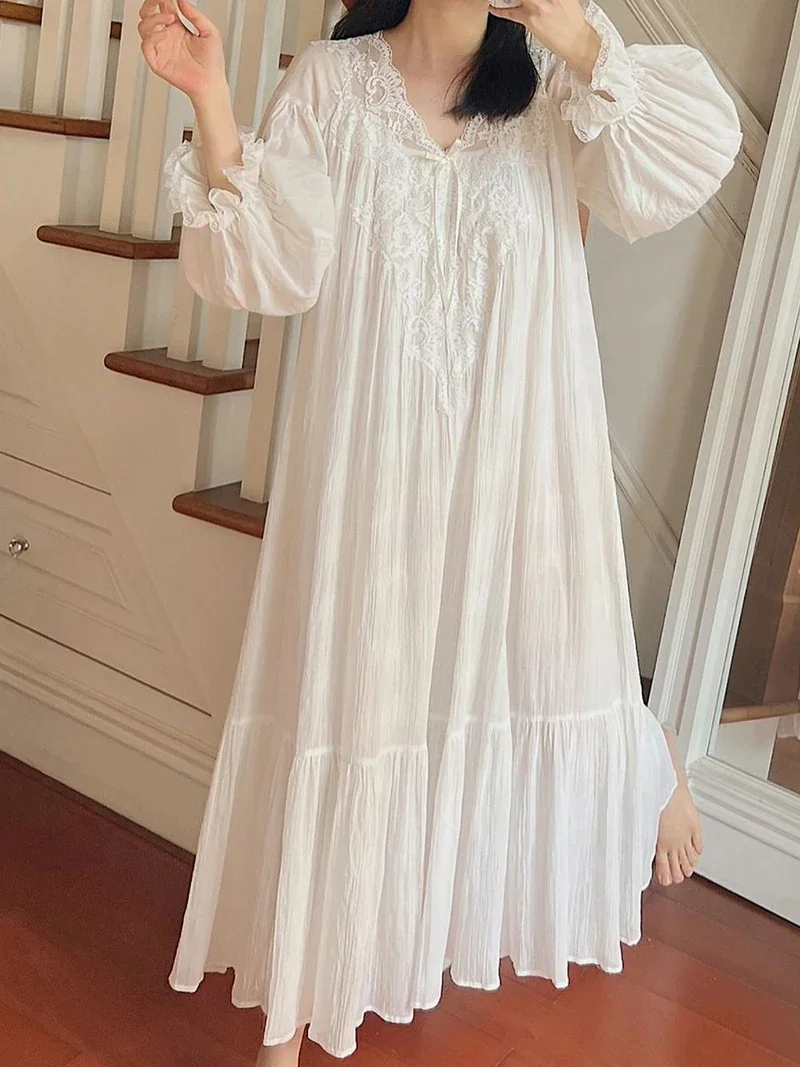 Large Size Women Spring Autumn Vintage Mesh Nightgowns Long Sleeve Lace Nightdress Victorian Night Dress Princess Sleepwear