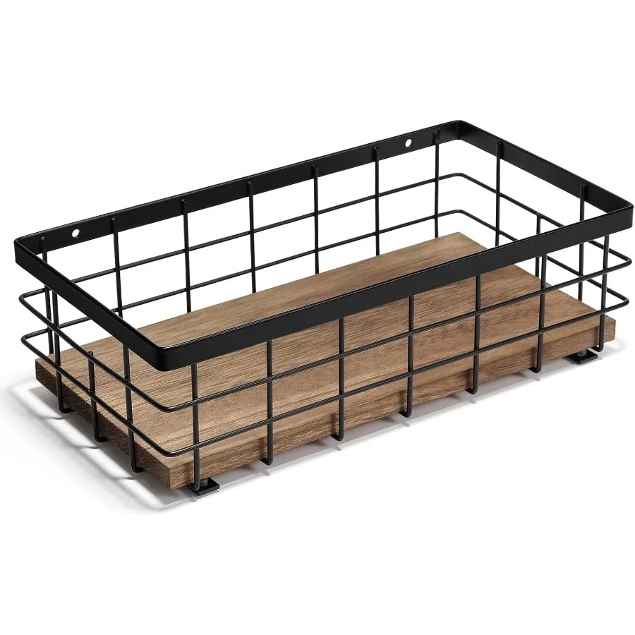 

TJ.MOREE Small Metal Wire Basket Drative Wood Base Organizer for Bathroom Kitchen Basket for Toilet Paper Storage Sugar Packet